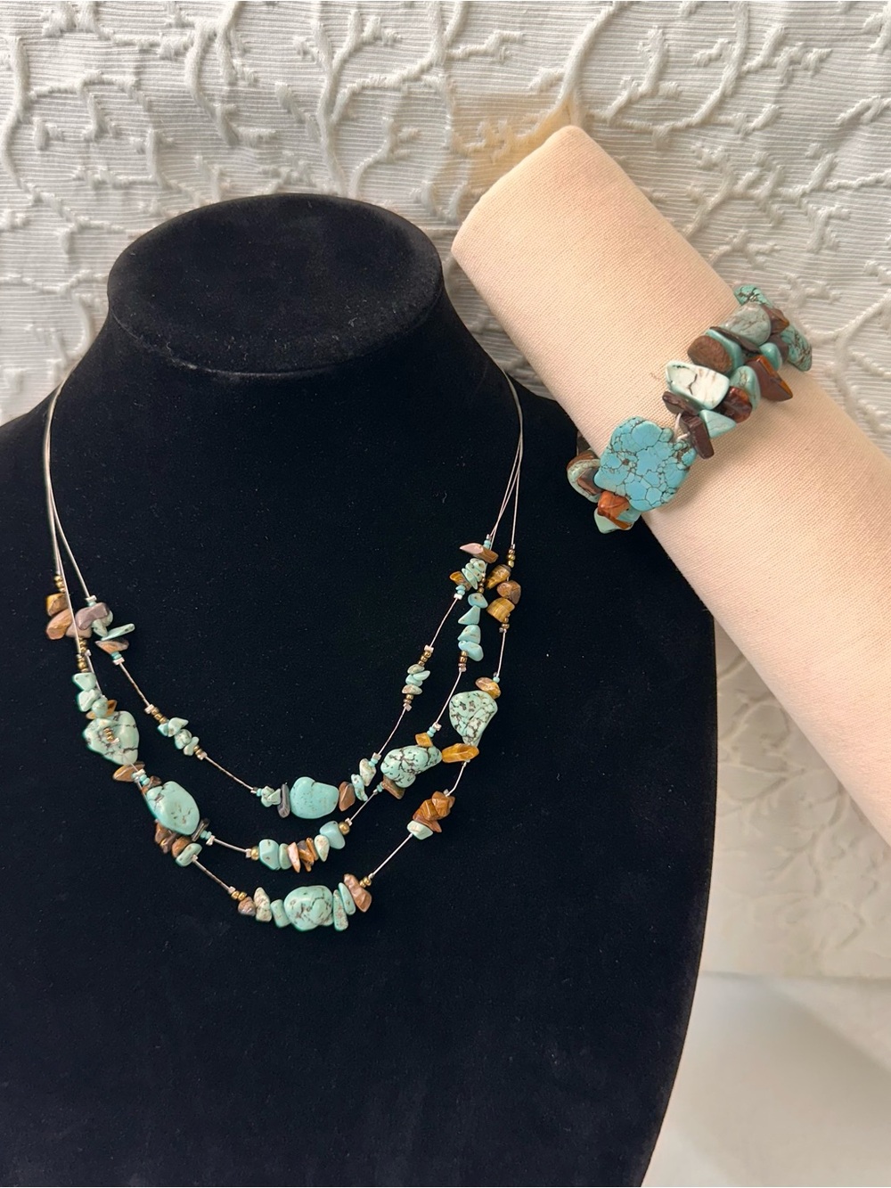 Turquoise Chip Multi-Strand Necklace and Bracelet Set - Aqua Brown